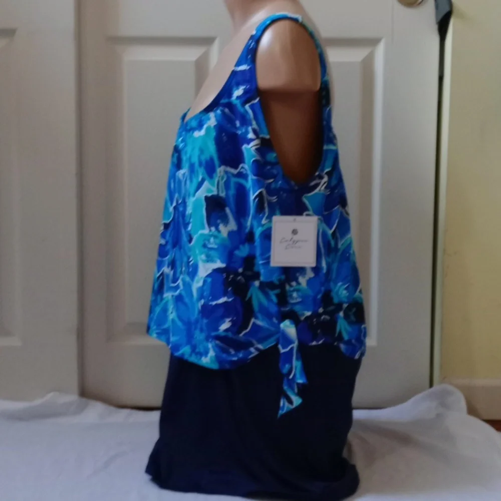 Calypso Cove Floral Skirted One-Piece Swimsuit Tankini Style NWT 20W Blue - Picture 4 of 12